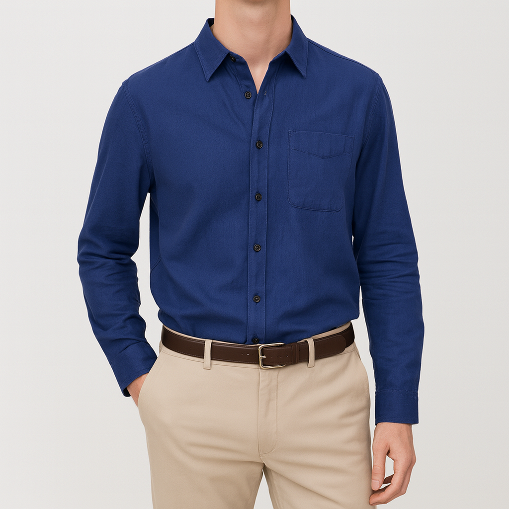 A long-sleeve button-up shirt with a classic collar and a single chest pocket.
