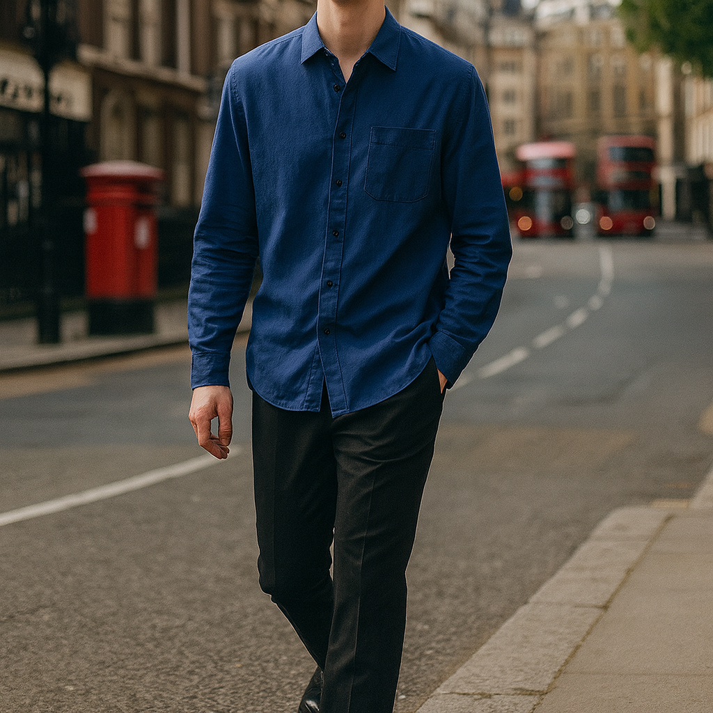 A long-sleeve button-up shirt with a classic collar and a single chest pocket.