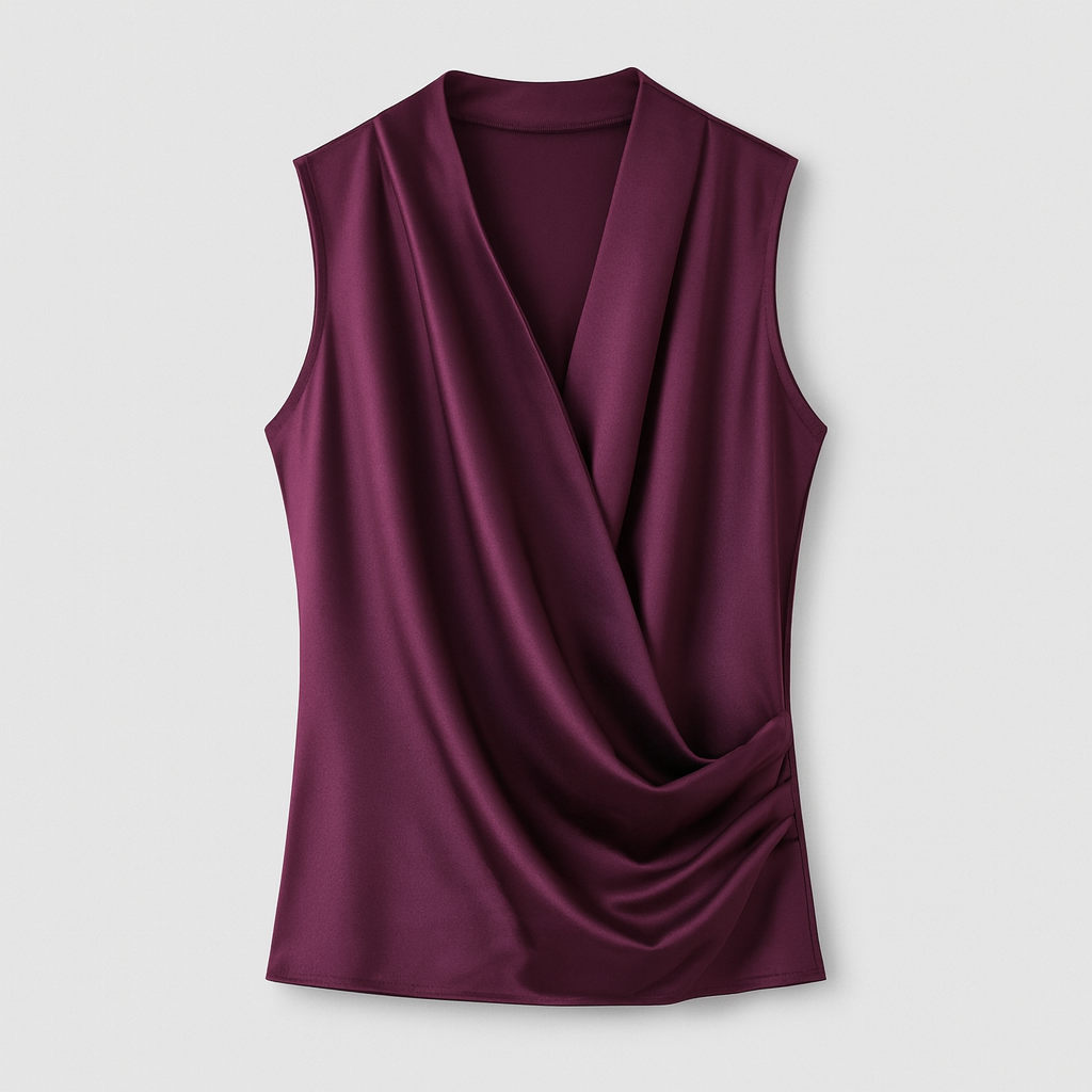 Elegant sleeveless satin top with a draped crossover neckline.
