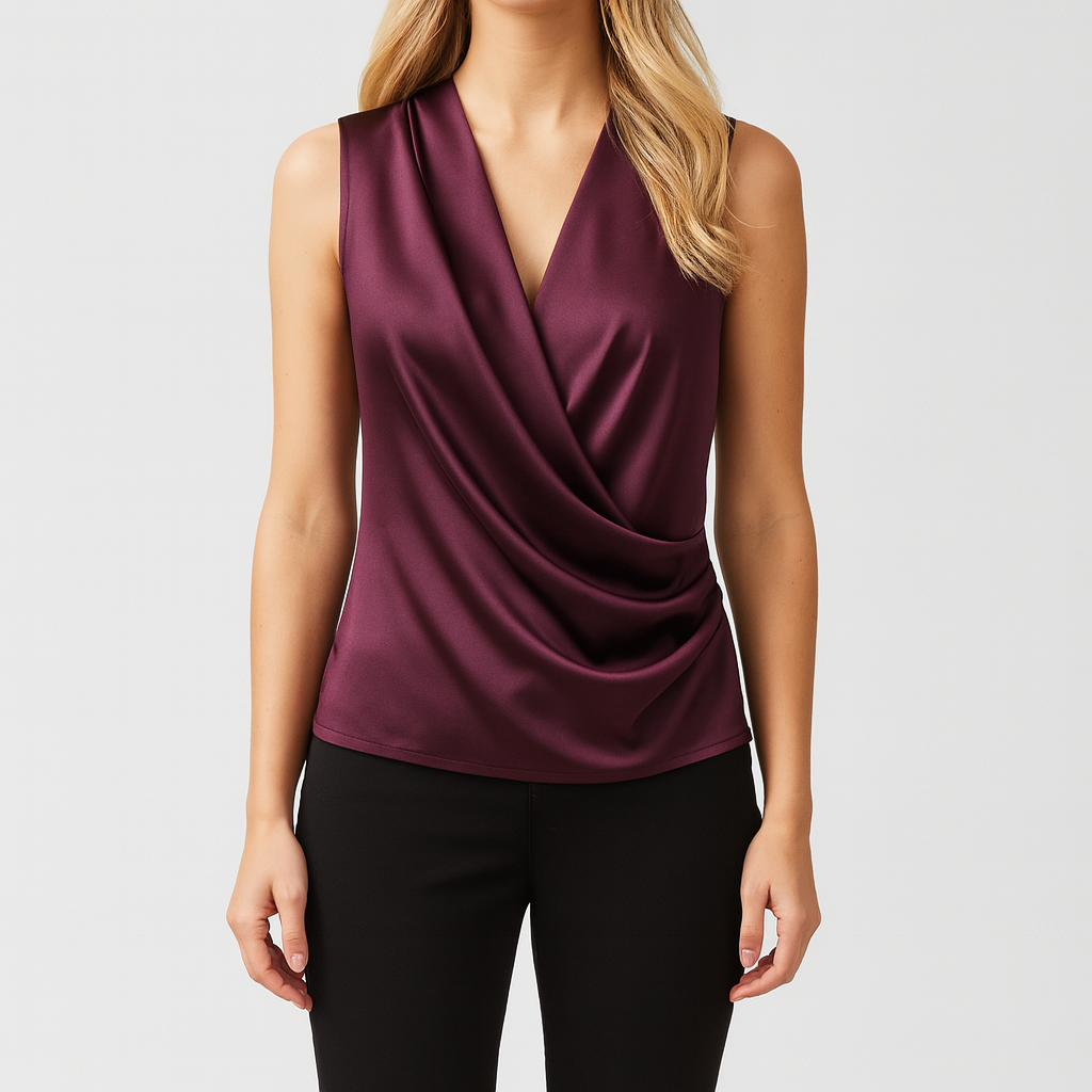 Elegant sleeveless satin top with a draped crossover neckline.