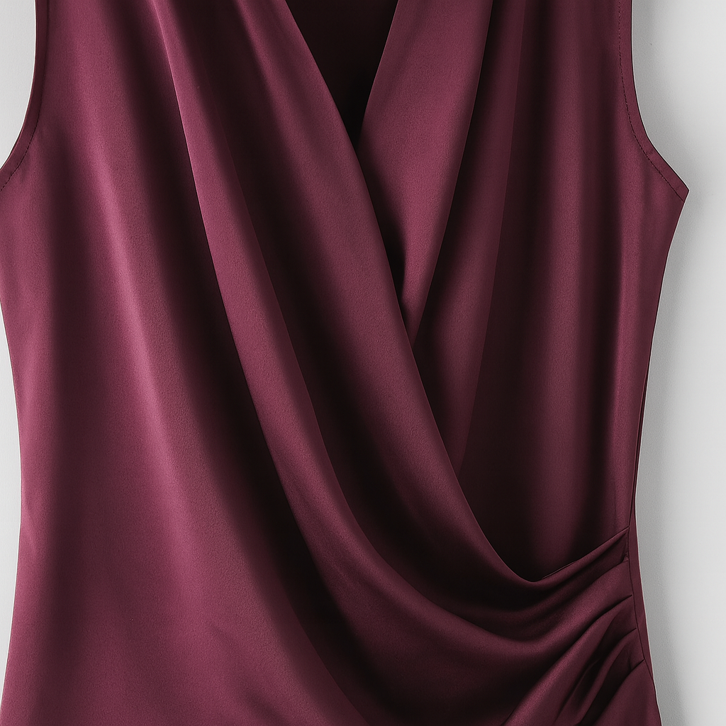 Elegant sleeveless satin top with a draped crossover neckline.