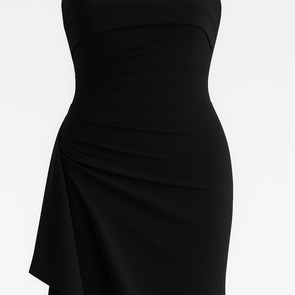 Strapless evening gown with ruched detailing and a high front slit, styled with heels and minimal jewelry.