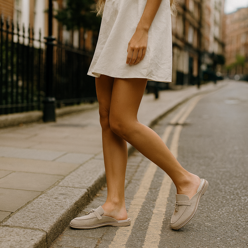 Stylish suede slip-on loafers featuring tassel accents and a low-heel design with contrast soles.