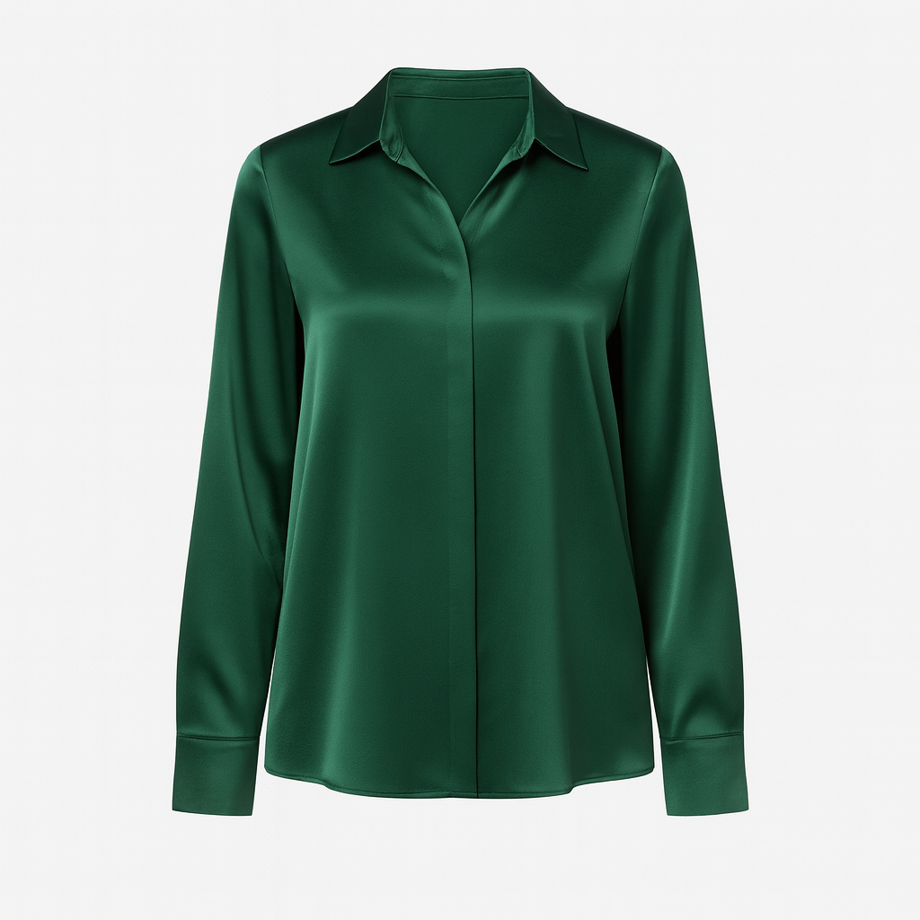 Long-sleeve satin blouse with a pointed collar and button-down front, styled with black pants.