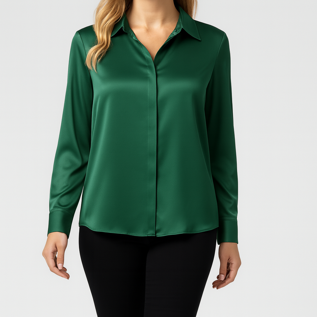 Long-sleeve satin blouse with a pointed collar and button-down front, styled with black pants.