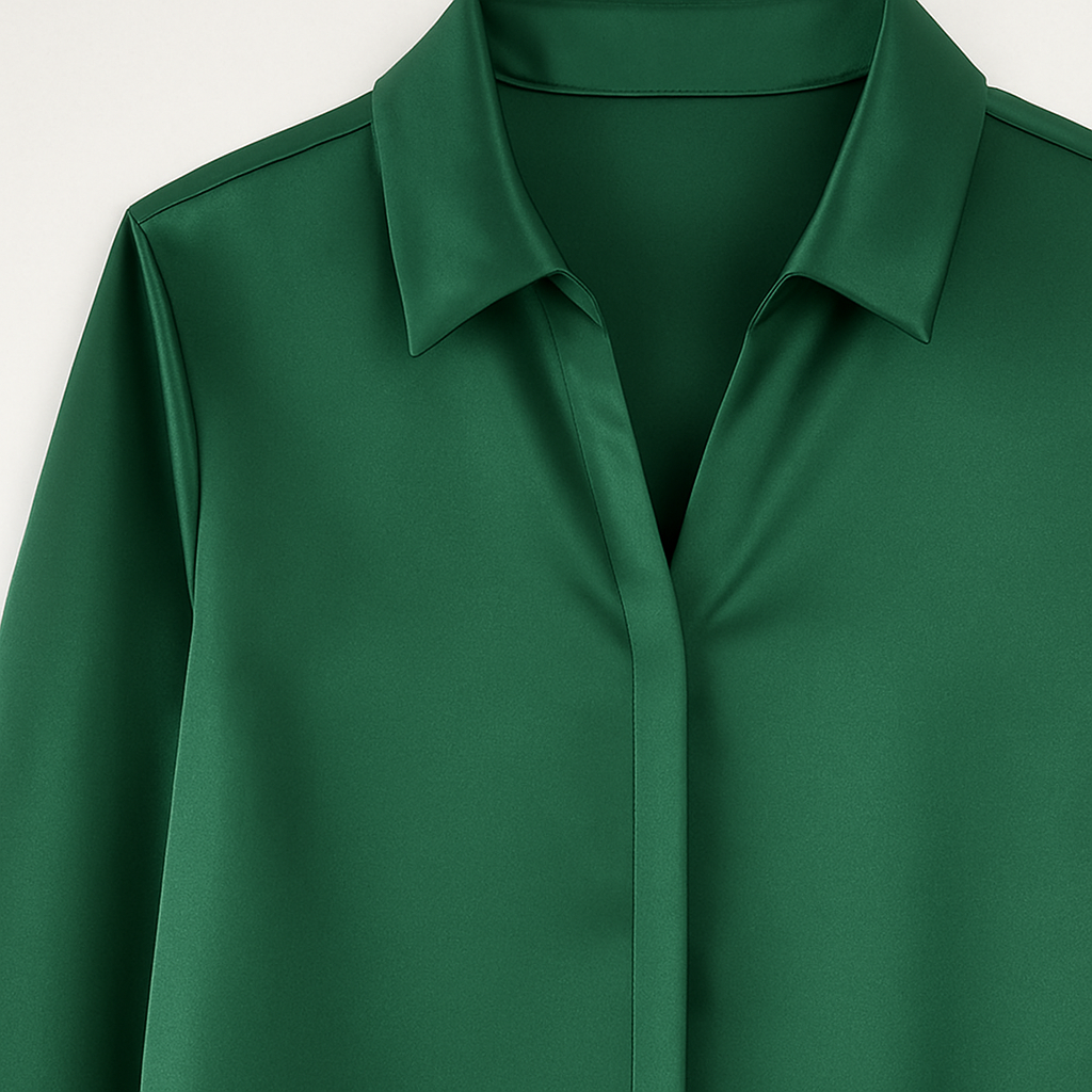Long-sleeve satin blouse with a pointed collar and button-down front, styled with black pants.