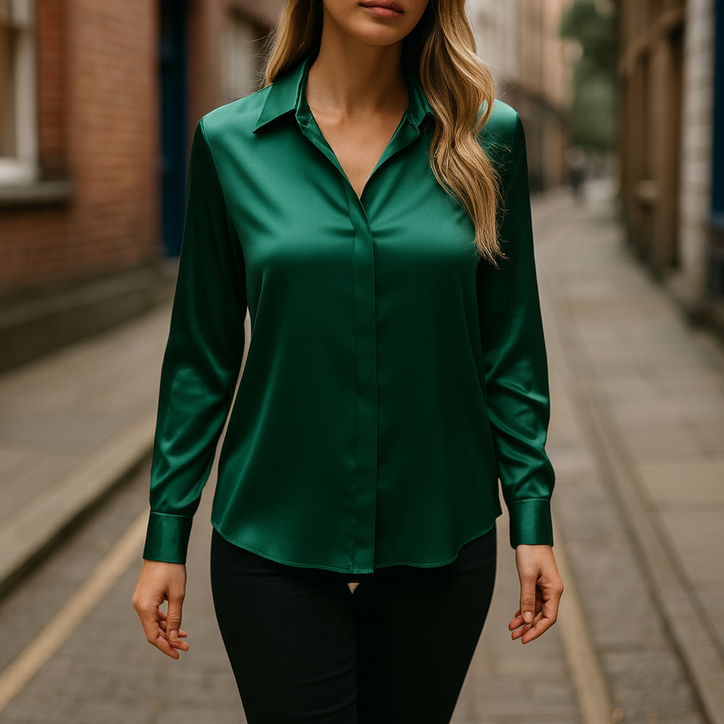Long-sleeve satin blouse with a pointed collar and button-down front, styled with black pants.