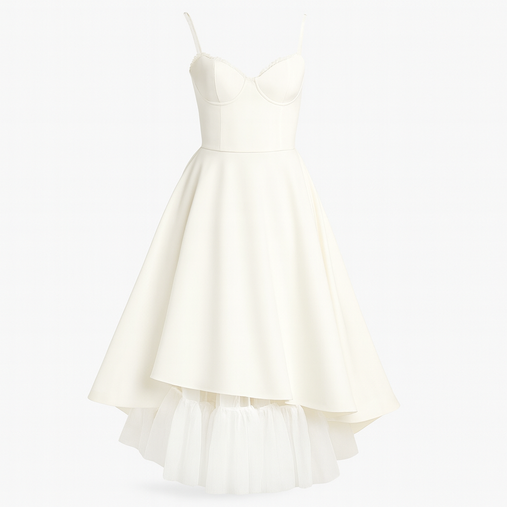 Elegant midi dress with a fitted corset bodice, spaghetti straps, and layered asymmetrical skirt featuring tulle trim.