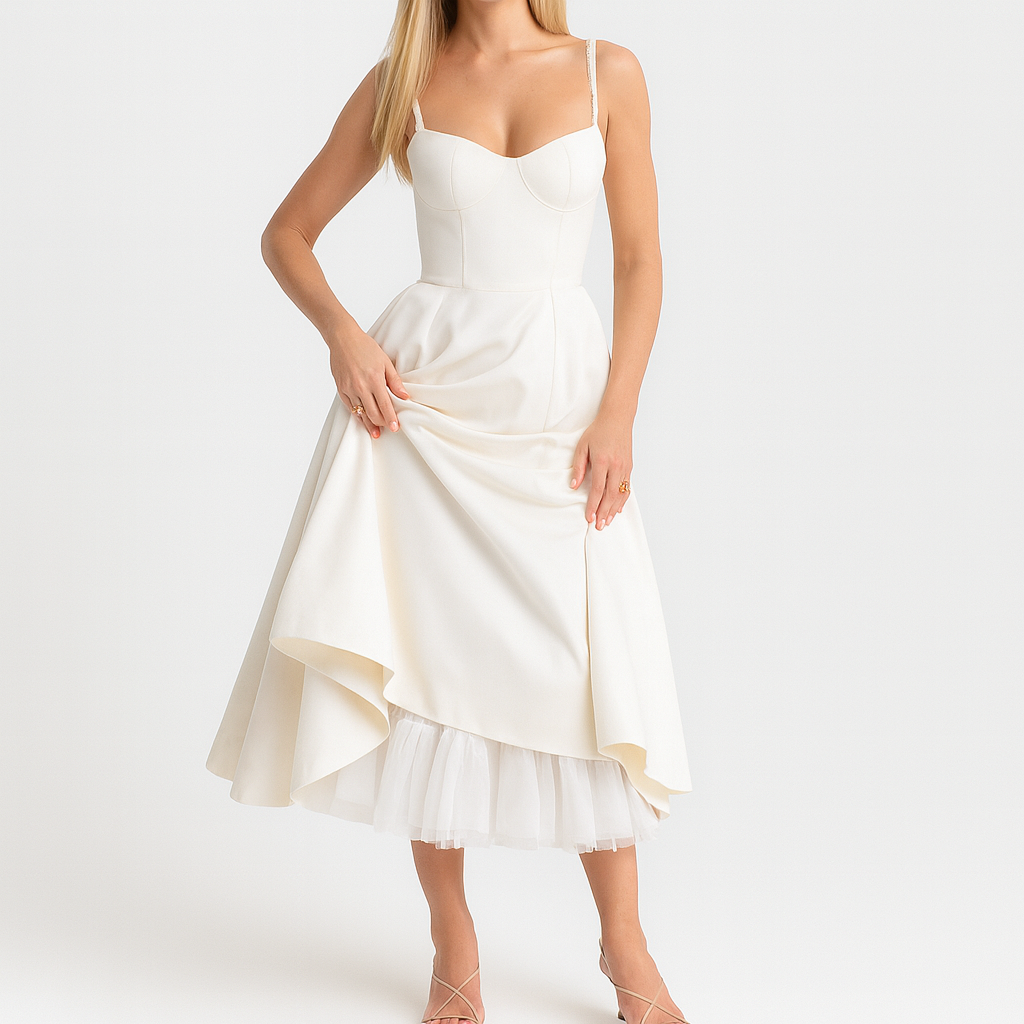 Elegant midi dress with a fitted corset bodice, spaghetti straps, and layered asymmetrical skirt featuring tulle trim.
