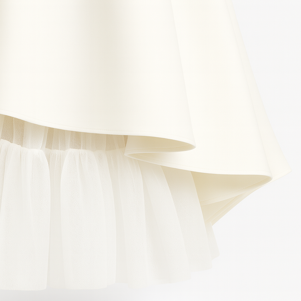 Elegant midi dress with a fitted corset bodice, spaghetti straps, and layered asymmetrical skirt featuring tulle trim.