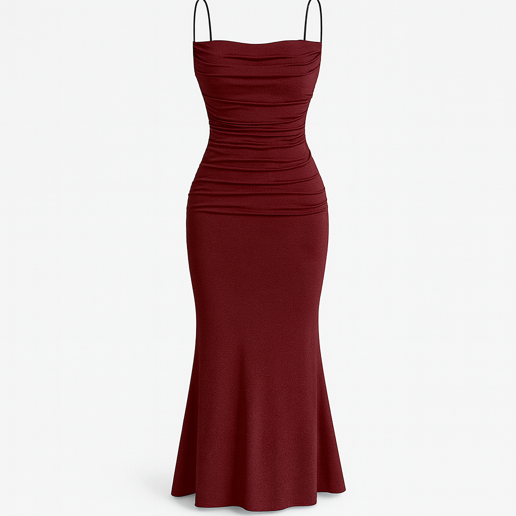 Form-fitting evening dress with a draped neckline, ruched bodice, and thin spaghetti straps.