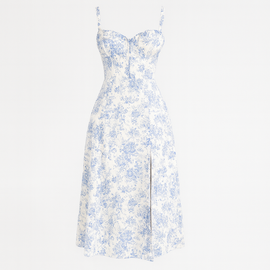 Floral midi dress with a fitted corset-style bodice, adjustable straps, and a flared hemline.