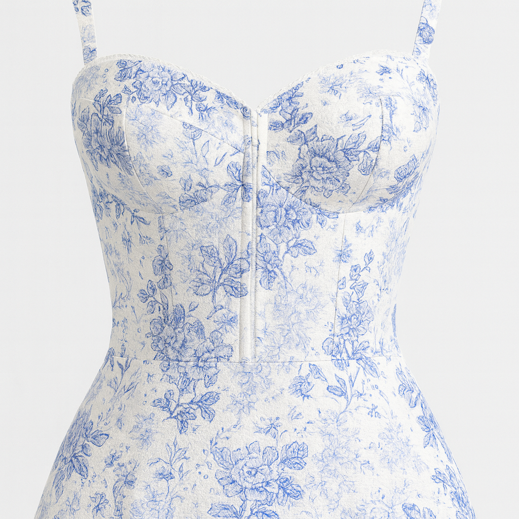 Floral midi dress with a fitted corset-style bodice, adjustable straps, and a flared hemline.