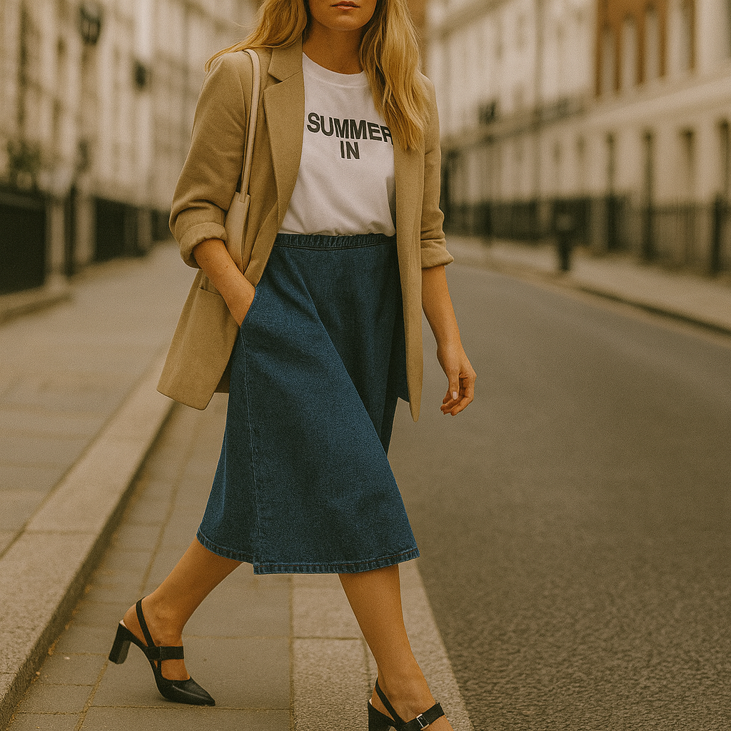 Stylish slingback high heel with a pointed toe, curved block heel, and gold accent detail on the strap.