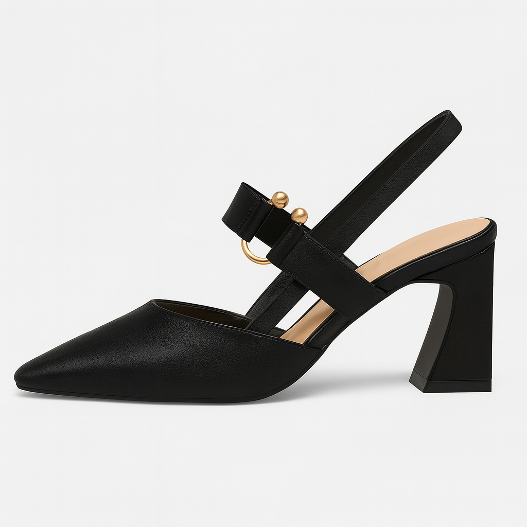 Stylish slingback high heel with a pointed toe, curved block heel, and gold accent detail on the strap.