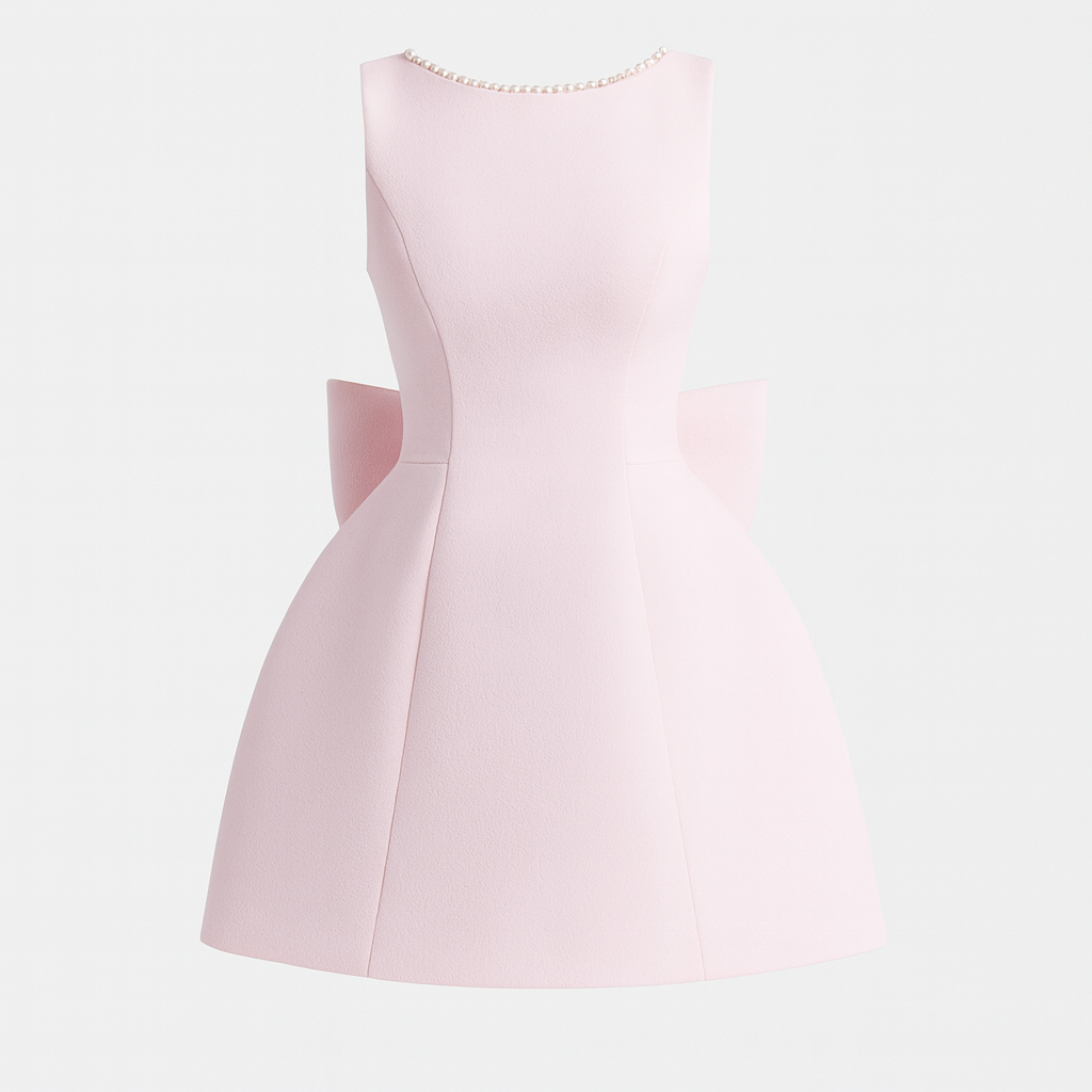 Structured sleeveless mini dress with a fitted waist, flared skirt, and oversized bow detail at the back.