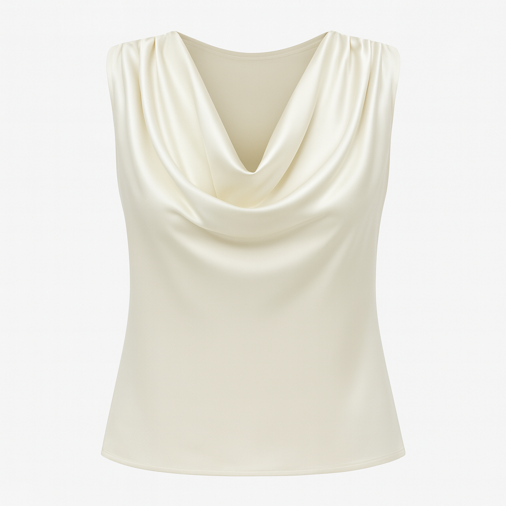 Stylish sleeveless satin top with a draped cowl neckline.