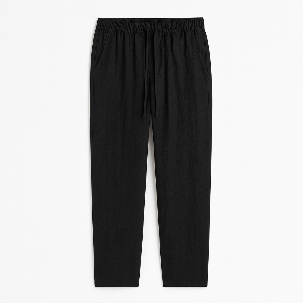 Casual ankle-length pants with an elastic waistband, drawstring tie, and side pockets.