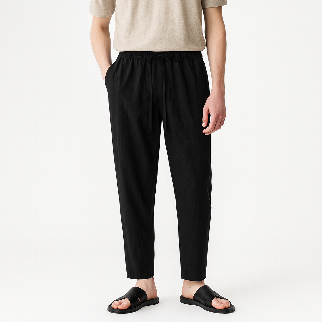 Casual ankle-length pants with an elastic waistband, drawstring tie, and side pockets.