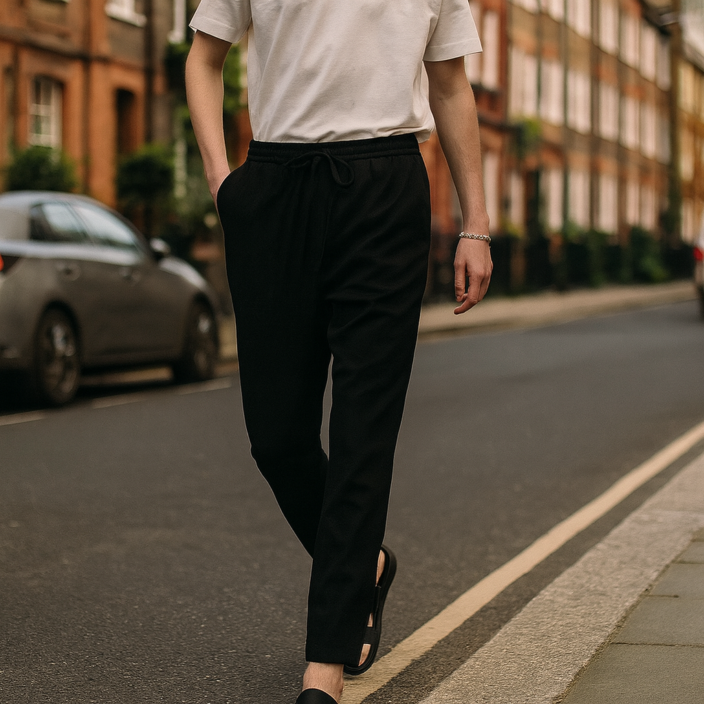 Casual ankle-length pants with an elastic waistband, drawstring tie, and side pockets.